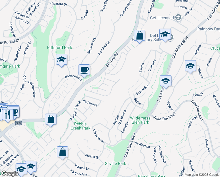 map of restaurants, bars, coffee shops, grocery stores, and more near 22081 Broken Bow Drive in Lake Forest
