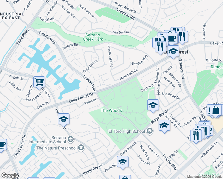 map of restaurants, bars, coffee shops, grocery stores, and more near 24931 Timberwood Way in Lake Forest