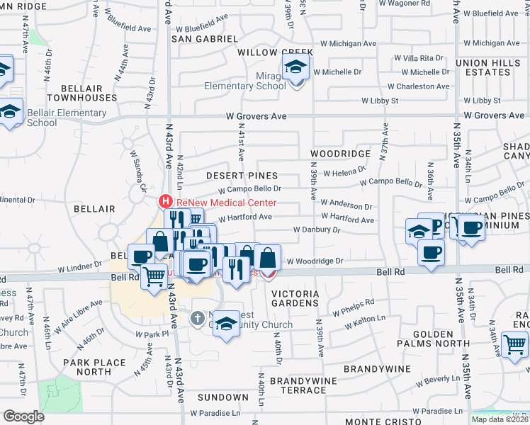 map of restaurants, bars, coffee shops, grocery stores, and more near 4019 West Hartford Avenue in Glendale