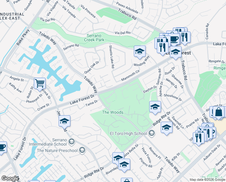 map of restaurants, bars, coffee shops, grocery stores, and more near 24931 Timberwood Way in Lake Forest