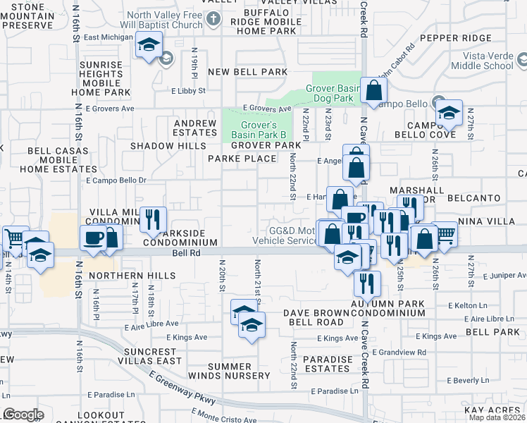 map of restaurants, bars, coffee shops, grocery stores, and more near 2150 East Bell Road in Phoenix