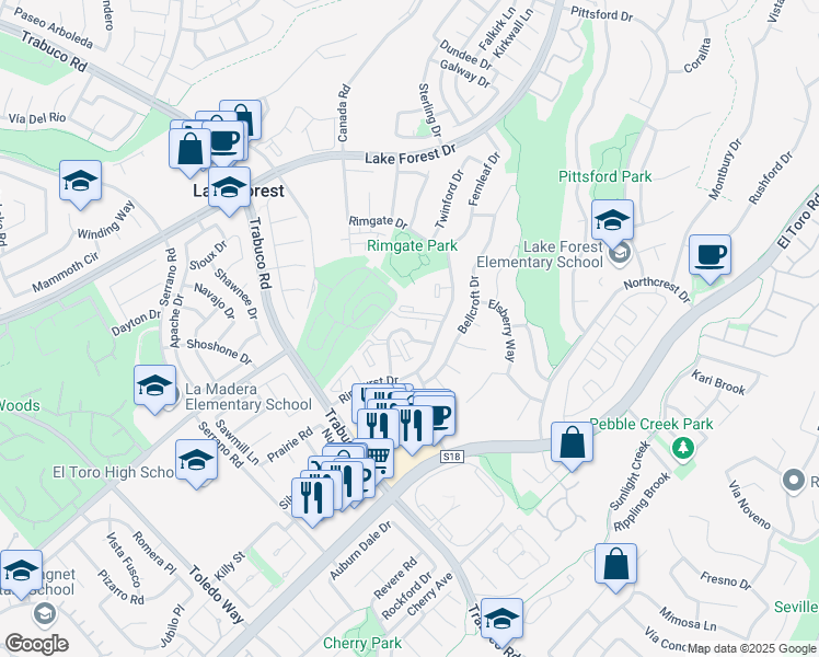 map of restaurants, bars, coffee shops, grocery stores, and more near 25761 Le Parc in Lake Forest