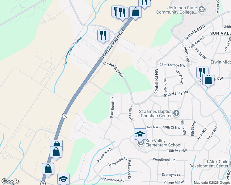 map of restaurants, bars, coffee shops, grocery stores, and more near 2128 Park Brook Lane in Birmingham