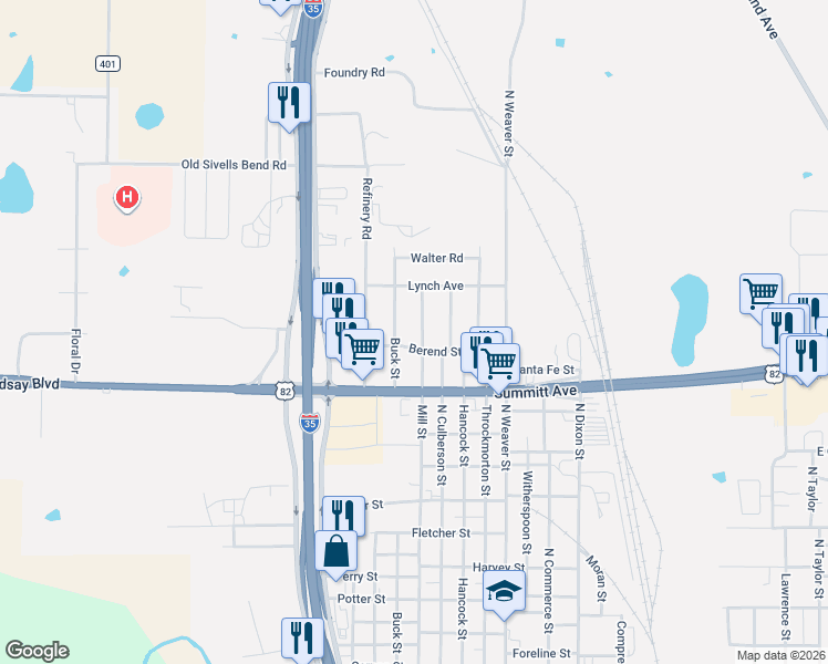 map of restaurants, bars, coffee shops, grocery stores, and more near 1712 Buck Street in Gainesville