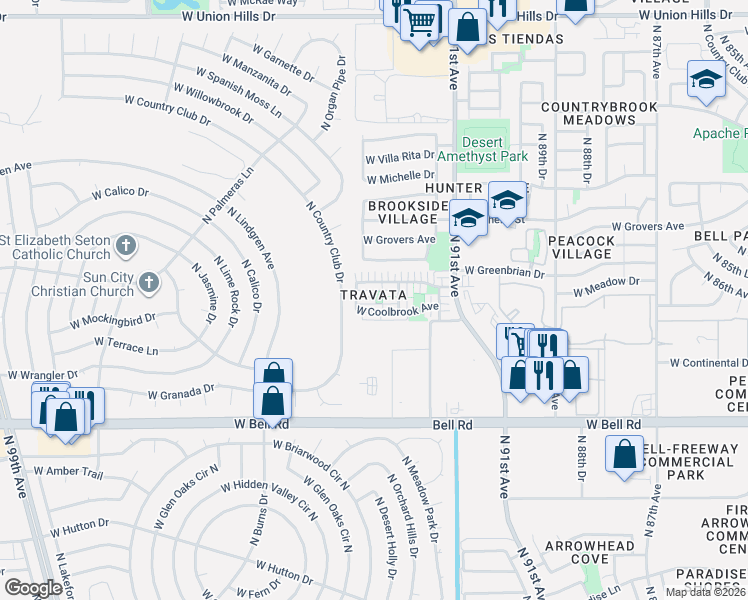 map of restaurants, bars, coffee shops, grocery stores, and more near 9237 West Coolbrook Avenue in Peoria