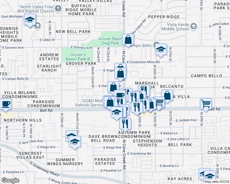 map of restaurants, bars, coffee shops, grocery stores, and more near 2320 North 23rd Street in Phoenix