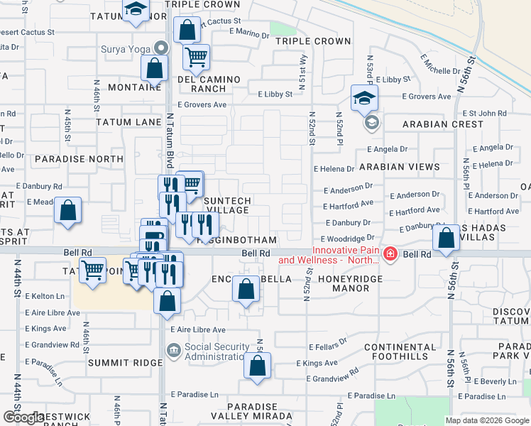 map of restaurants, bars, coffee shops, grocery stores, and more near 50th Place in Scottsdale