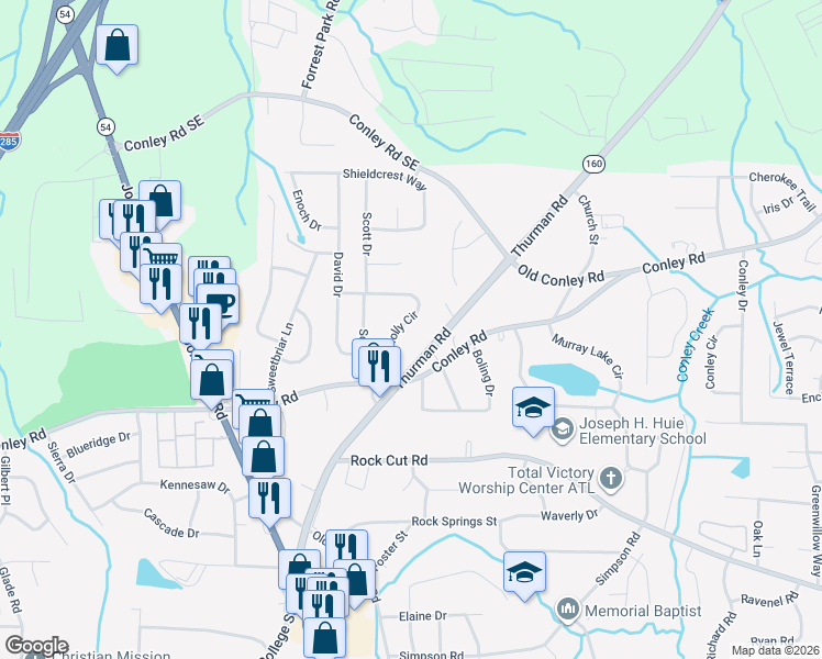 map of restaurants, bars, coffee shops, grocery stores, and more near 4131 Thurman Road in Conley