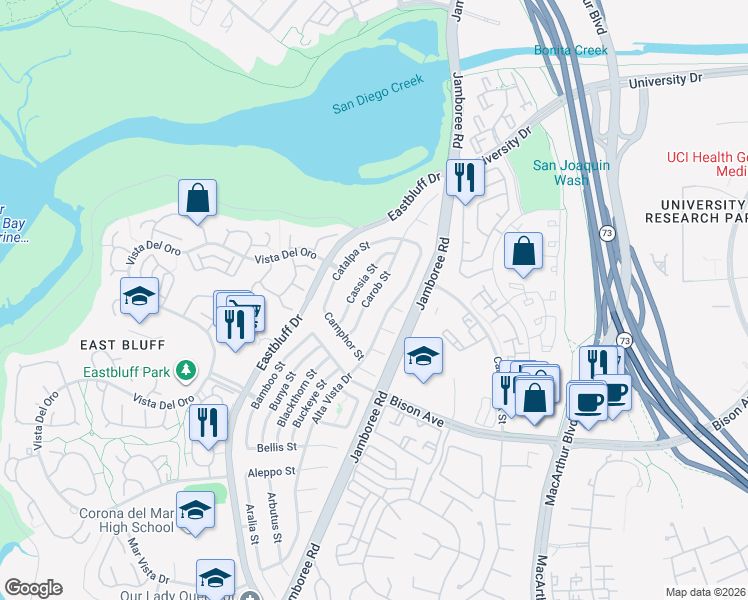 map of restaurants, bars, coffee shops, grocery stores, and more near 2807 Alta Vista Drive in Newport Beach