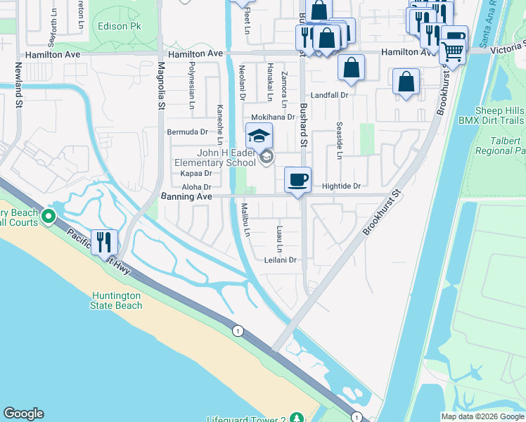 map of restaurants, bars, coffee shops, grocery stores, and more near 22042 Catalina Circle in Huntington Beach