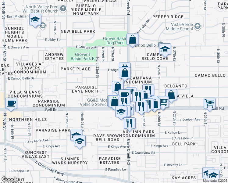 map of restaurants, bars, coffee shops, grocery stores, and more near 2320 East Bell Road in Phoenix