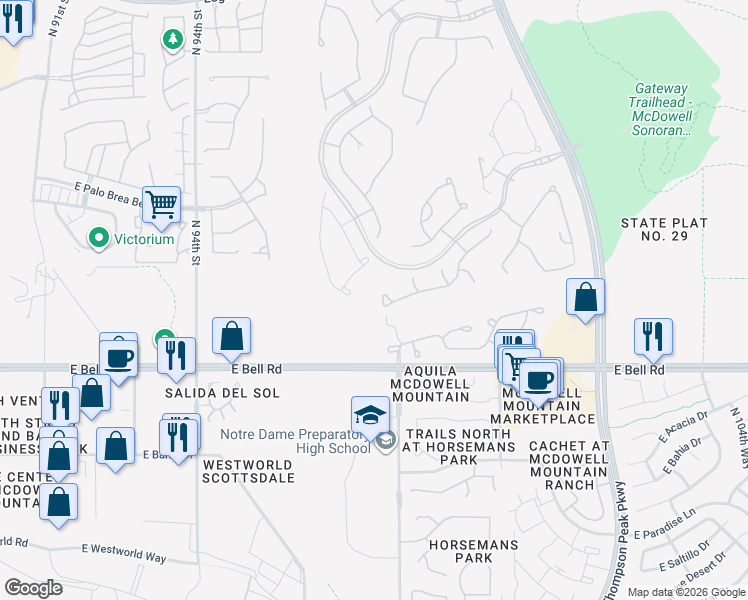 map of restaurants, bars, coffee shops, grocery stores, and more near 17312 North 96th Way in Scottsdale