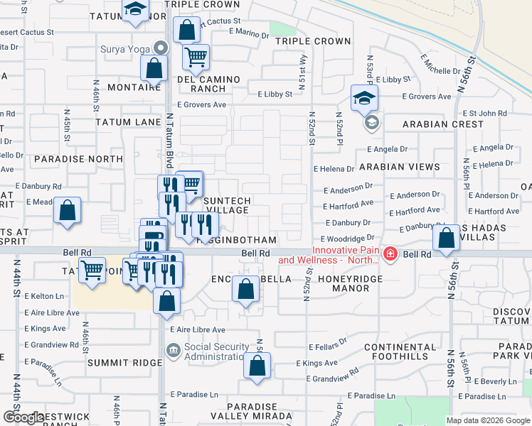 map of restaurants, bars, coffee shops, grocery stores, and more near 50th Place in Scottsdale