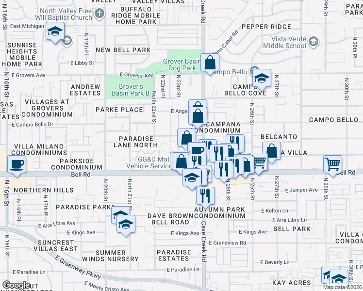 map of restaurants, bars, coffee shops, grocery stores, and more near 2320 East Bell Road in Phoenix