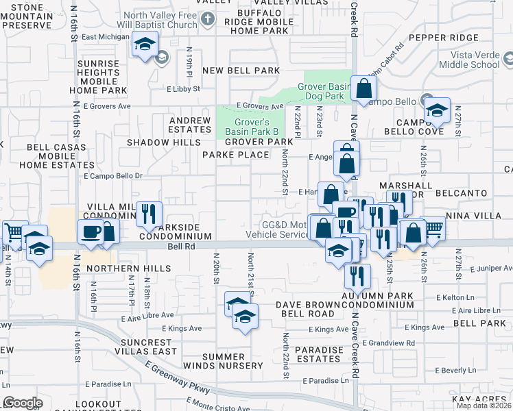 map of restaurants, bars, coffee shops, grocery stores, and more near 2150 East Bell Road in Phoenix
