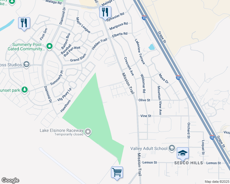map of restaurants, bars, coffee shops, grocery stores, and more near 32665 Mission Trail in Lake Elsinore