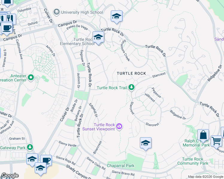 map of restaurants, bars, coffee shops, grocery stores, and more near 18861 San Rufino Drive in Irvine