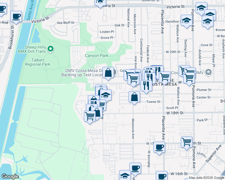 map of restaurants, bars, coffee shops, grocery stores, and more near 1850 H Whittier Avenue in Costa Mesa