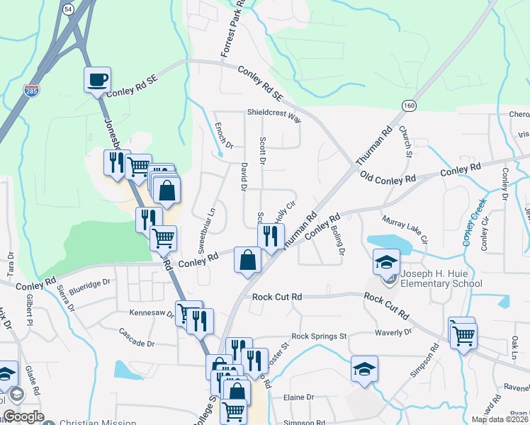map of restaurants, bars, coffee shops, grocery stores, and more near 4116 Scott Drive in Forest Park