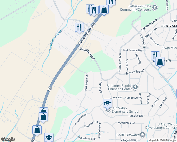 map of restaurants, bars, coffee shops, grocery stores, and more near 2128 Park Brook Lane in Birmingham