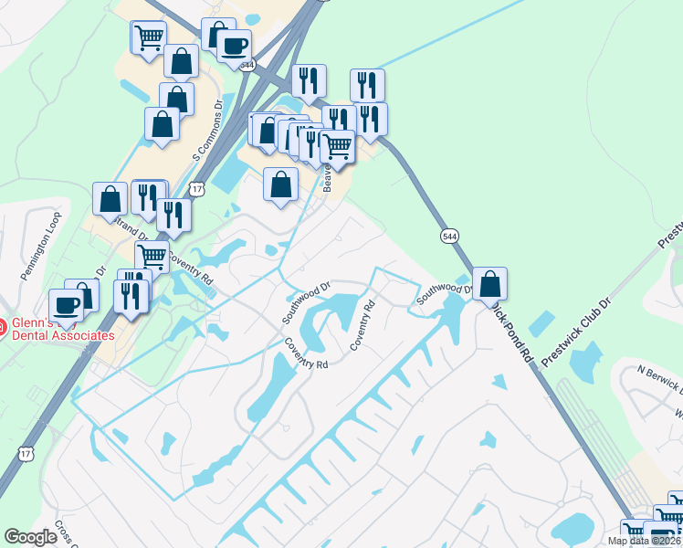 map of restaurants, bars, coffee shops, grocery stores, and more near 1653 Southwood Drive in Myrtle Beach