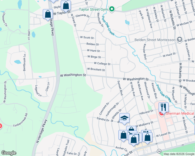 map of restaurants, bars, coffee shops, grocery stores, and more near 1800 West Washington Street in Sherman