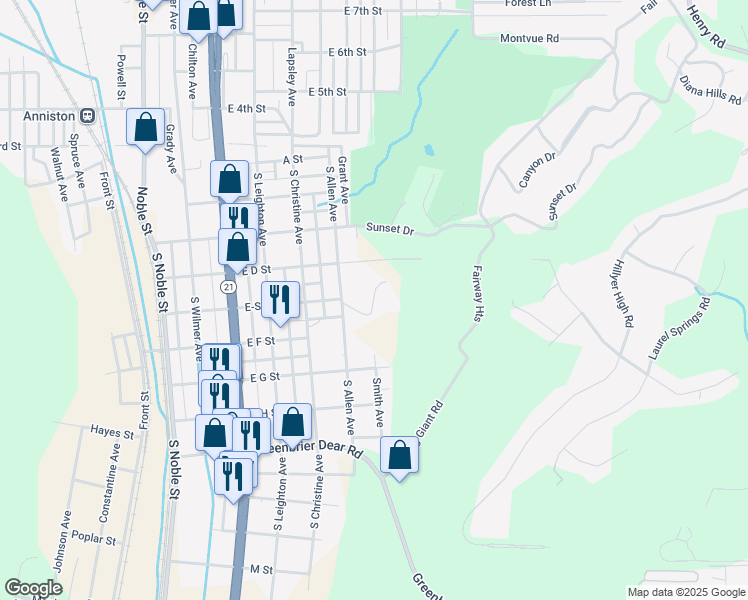 map of restaurants, bars, coffee shops, grocery stores, and more near E Street in Anniston