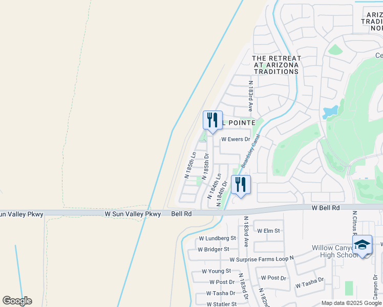 map of restaurants, bars, coffee shops, grocery stores, and more near 17406 North 185th Lane in Surprise