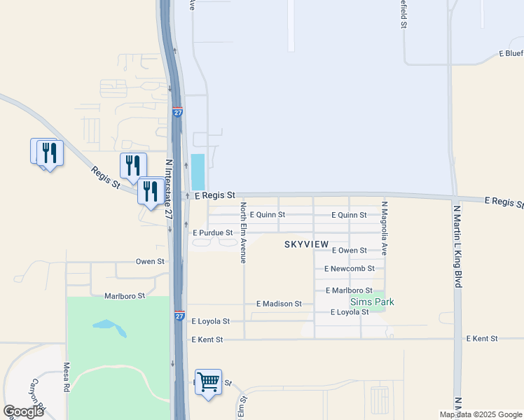 map of restaurants, bars, coffee shops, grocery stores, and more near 510 East Quinn Street in Lubbock