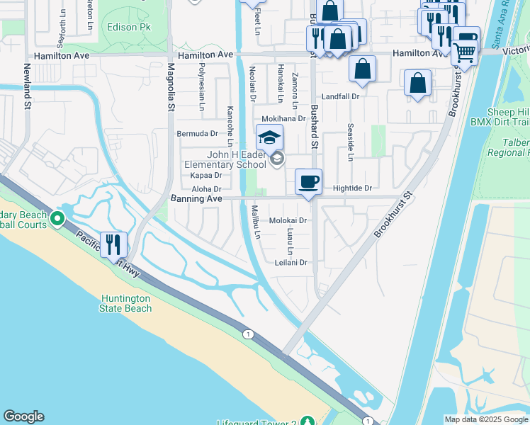 map of restaurants, bars, coffee shops, grocery stores, and more near 22041 Catalina Circle in Huntington Beach