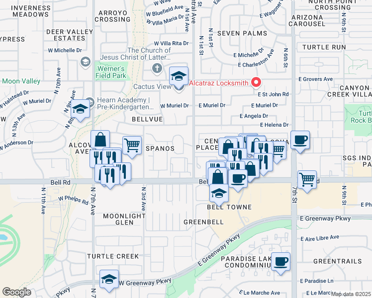map of restaurants, bars, coffee shops, grocery stores, and more near 17222 North Central Avenue in Phoenix