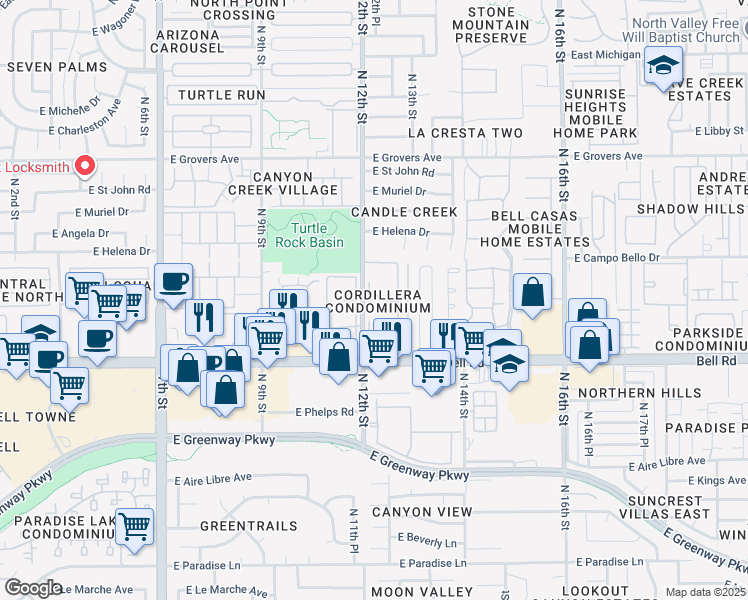 map of restaurants, bars, coffee shops, grocery stores, and more near 17017 North 12th Street in Phoenix