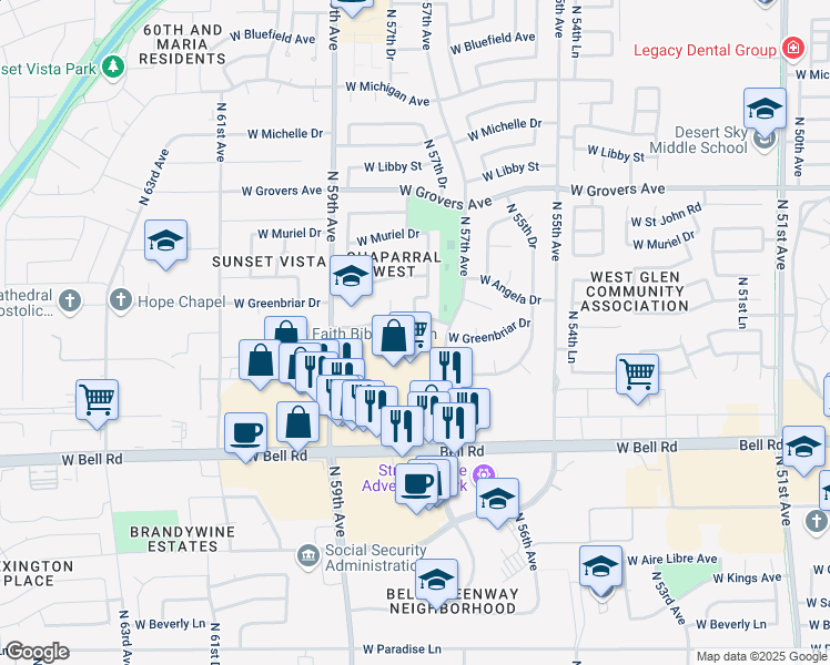 map of restaurants, bars, coffee shops, grocery stores, and more near 5801 West Greenbriar Drive in Glendale