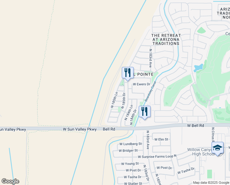 map of restaurants, bars, coffee shops, grocery stores, and more near 17346 North 185th Lane in Surprise