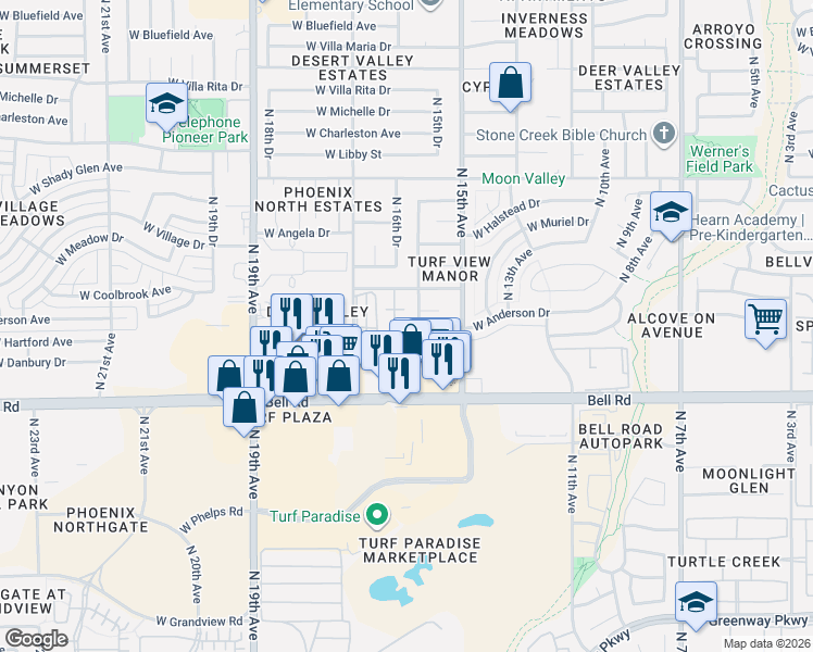 map of restaurants, bars, coffee shops, grocery stores, and more near 17206 North 16th Avenue in Phoenix