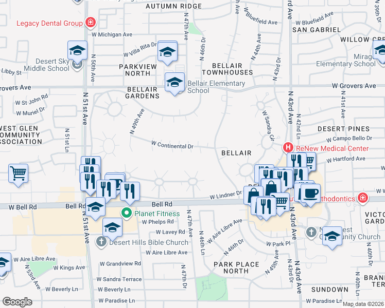 map of restaurants, bars, coffee shops, grocery stores, and more near 4721 West Annette Circle in Glendale