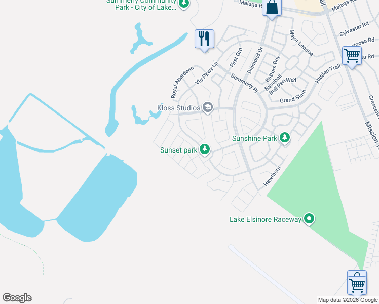map of restaurants, bars, coffee shops, grocery stores, and more near Larch in Lake Elsinore