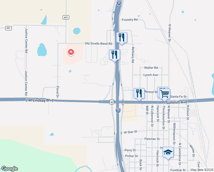 map of restaurants, bars, coffee shops, grocery stores, and more near 1715 Interstate 35 in Gainesville