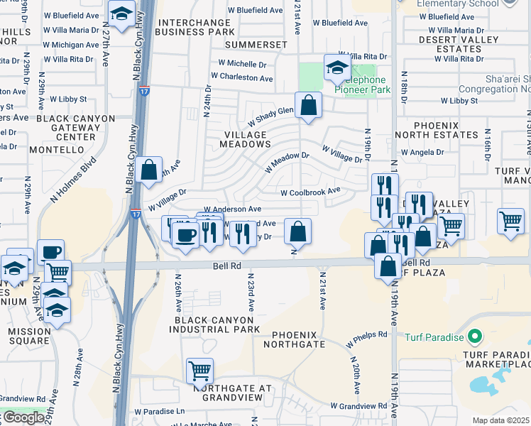 map of restaurants, bars, coffee shops, grocery stores, and more near 2137 West Hartford Avenue in Phoenix