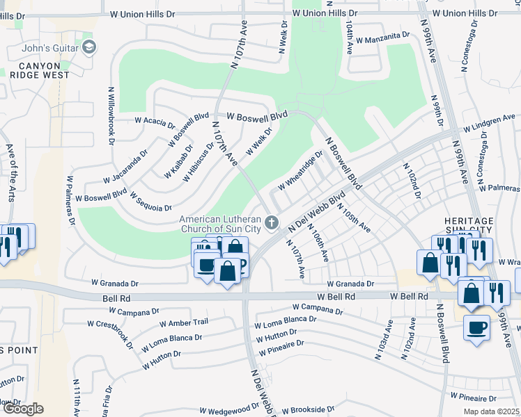 map of restaurants, bars, coffee shops, grocery stores, and more near 10701 West Wheatridge Drive in Sun City