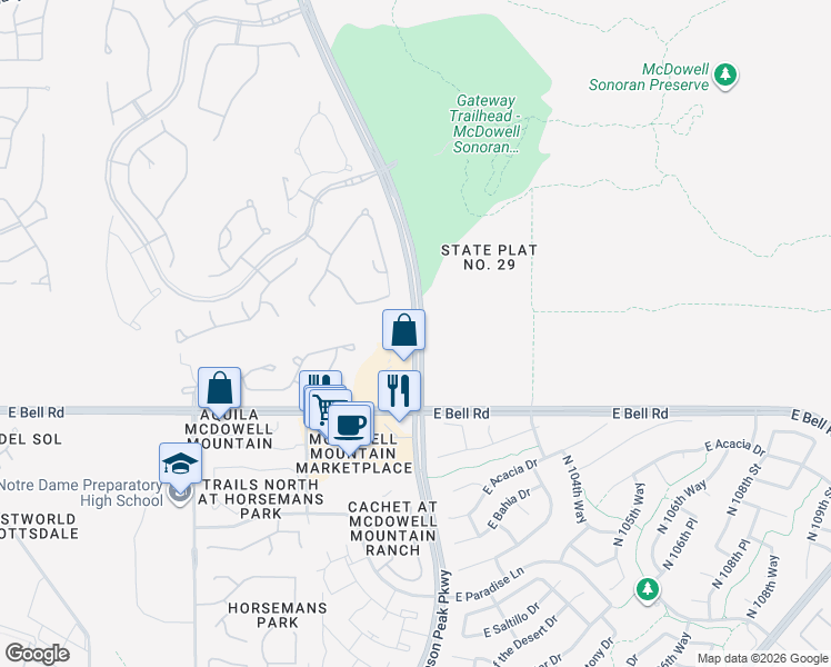 map of restaurants, bars, coffee shops, grocery stores, and more near North Thompson Peak Parkway in Scottsdale