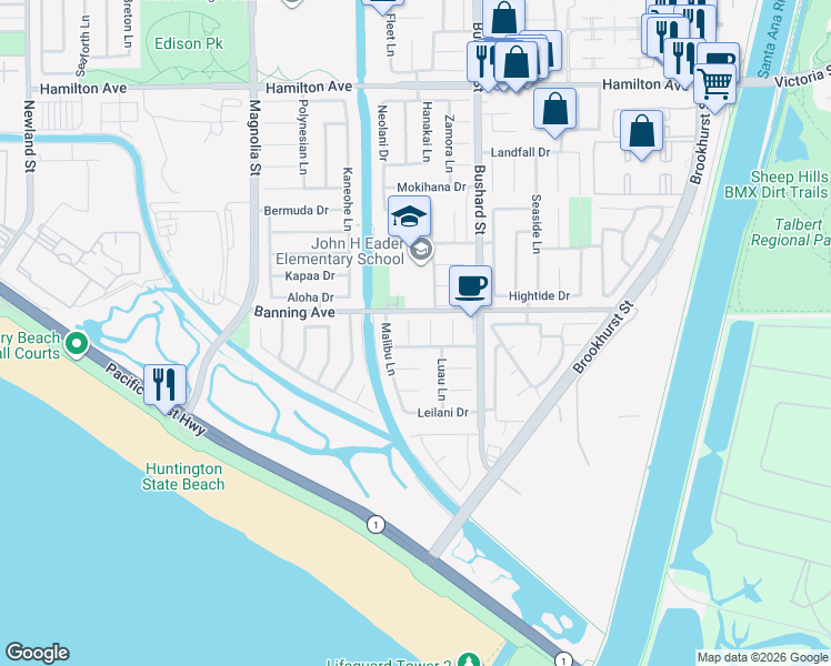 map of restaurants, bars, coffee shops, grocery stores, and more near 22042 Catalina Circle in Huntington Beach