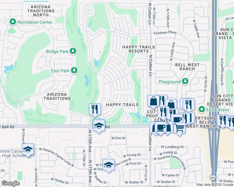 map of restaurants, bars, coffee shops, grocery stores, and more near 17200 West Bell Road in Surprise