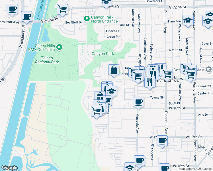 map of restaurants, bars, coffee shops, grocery stores, and more near 1874 Parkcrest Drive in Costa Mesa