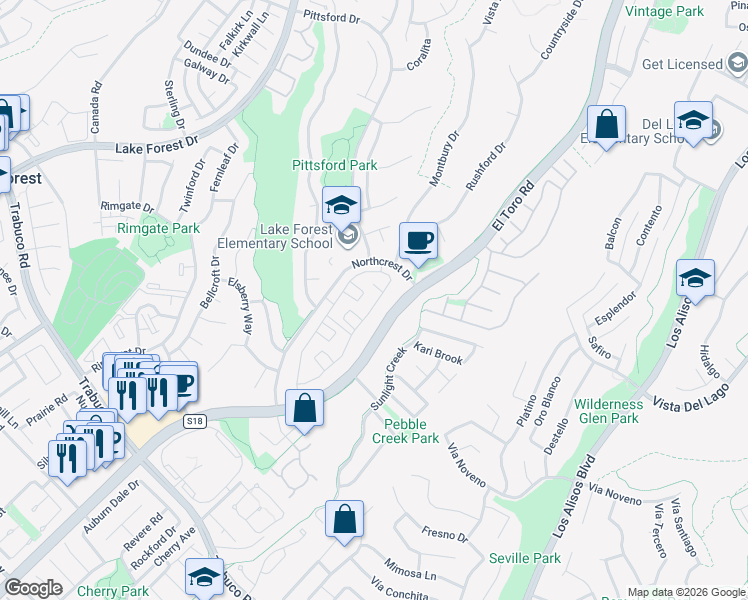 map of restaurants, bars, coffee shops, grocery stores, and more near 22075 Summit Hill Drive in Lake Forest