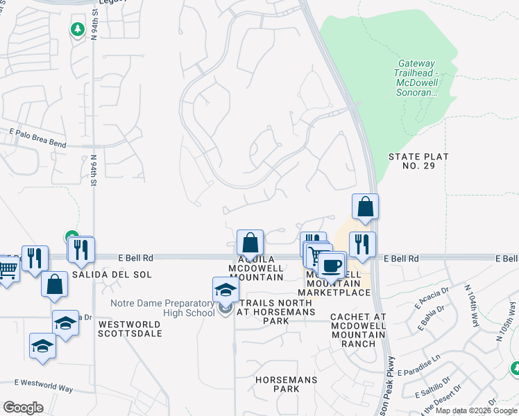 map of restaurants, bars, coffee shops, grocery stores, and more near 9866 East South Bend Drive in Scottsdale