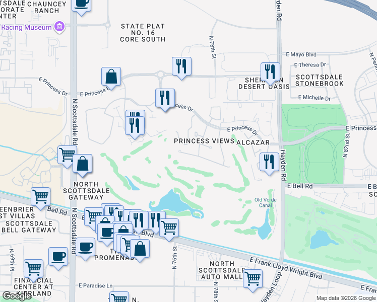 map of restaurants, bars, coffee shops, grocery stores, and more near 7677 East Hartford Drive in Scottsdale