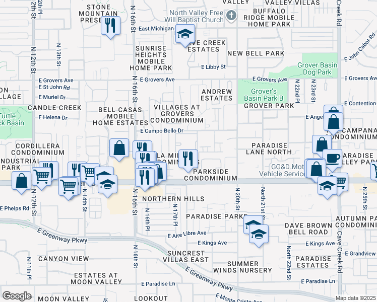 map of restaurants, bars, coffee shops, grocery stores, and more near 1814 East Bell Road in Phoenix