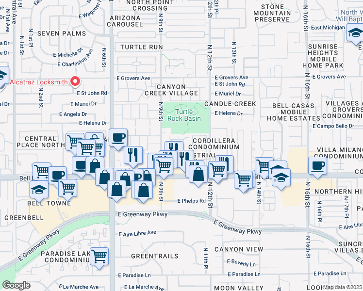 map of restaurants, bars, coffee shops, grocery stores, and more near 17145 North 10th Street in Phoenix