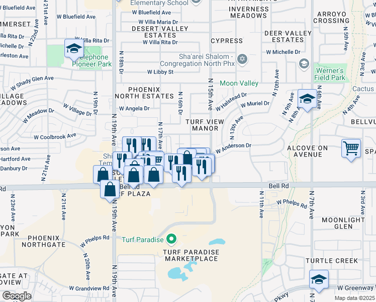 map of restaurants, bars, coffee shops, grocery stores, and more near 17206 North 16th Avenue in Phoenix